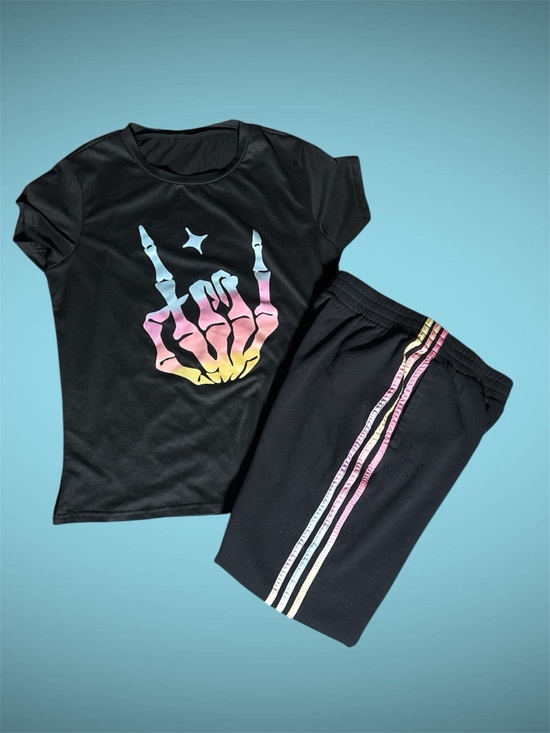 Tops - Black Graphic Tee Pastel Ombre Skeleton Hand and adidas joggers!